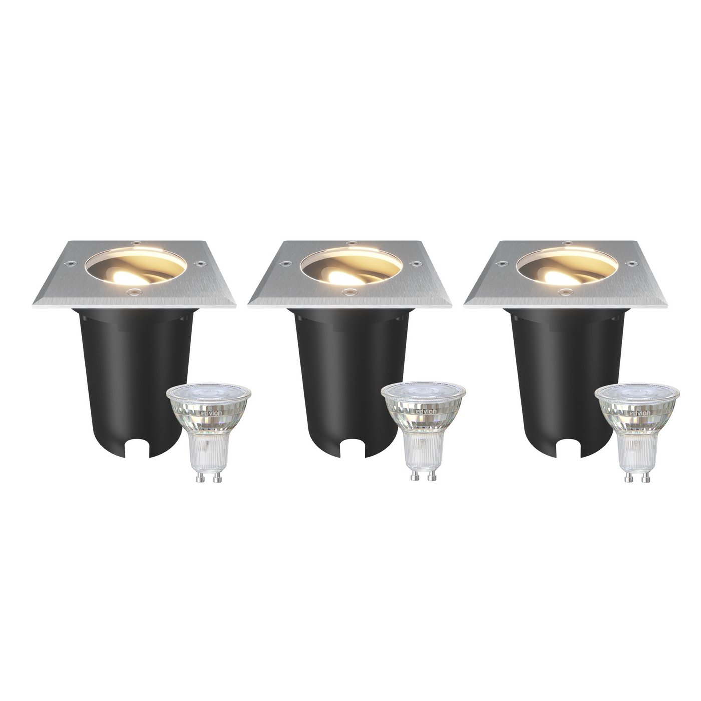 3x LED Bodeneinbaustrahler Quadratisch - IP67 – 3W - 2700K – 1M Kabel - Edelstahl - Schwenkbar