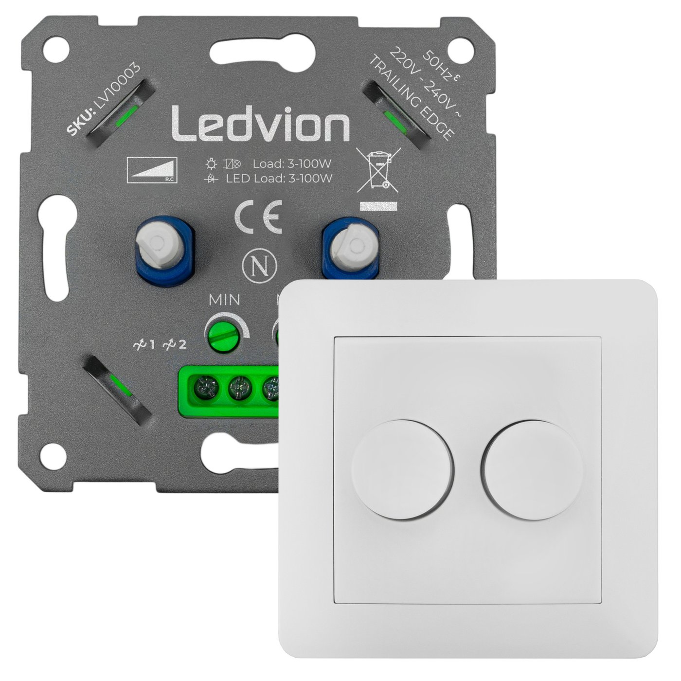 Ściemniacz Światła LED DUO 2x 3-100W - 220-240V - Odcięcie fazy - Uniwersalny - Kompletny - Biały
