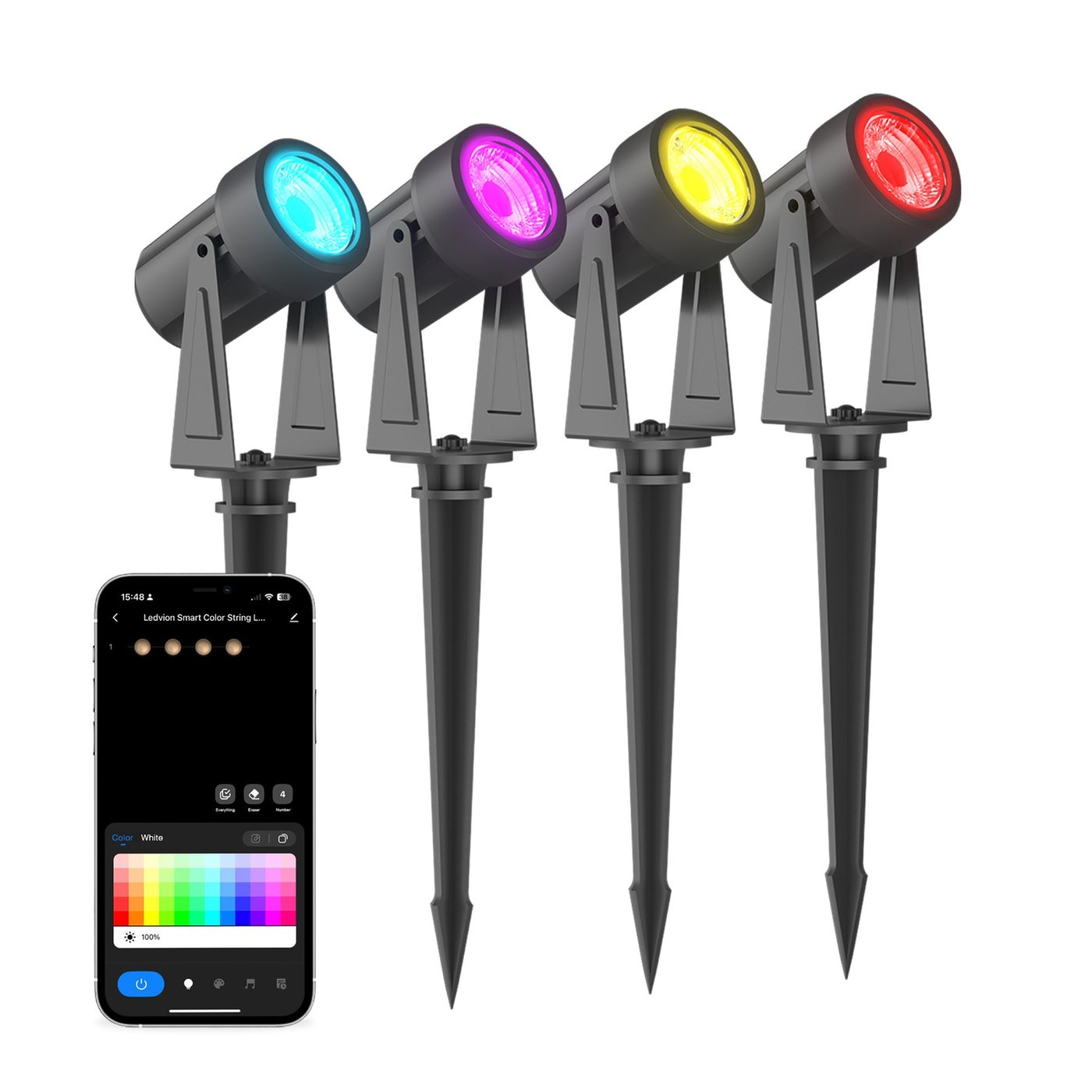 7m Smart LED Gartenstrahler Set + 3m Anschlusskabel - 24W - RGBIC - IP65 - Verknüpfbar - Plug & Play
