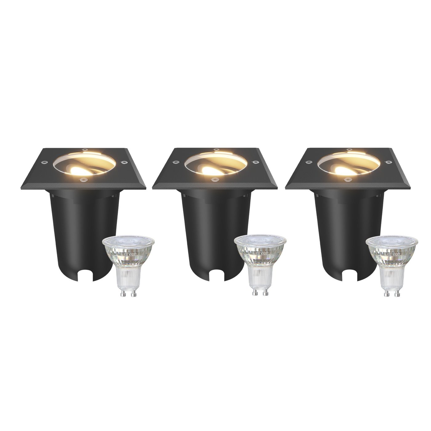 3x LED Bodeneinbaustrahler Quadratisch - IP67 – 3W - 2700K – 1M Kabel - Schwarz - Schwenkbar