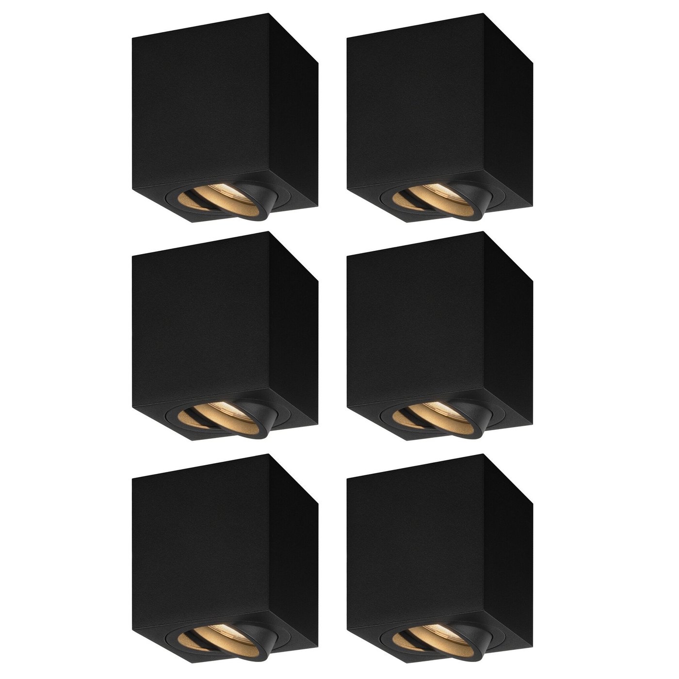 6x Dimmbare LED Aufbaustrahler - Quadratisch - Schwarz - 3W - 2700K - Kippbar - IP20