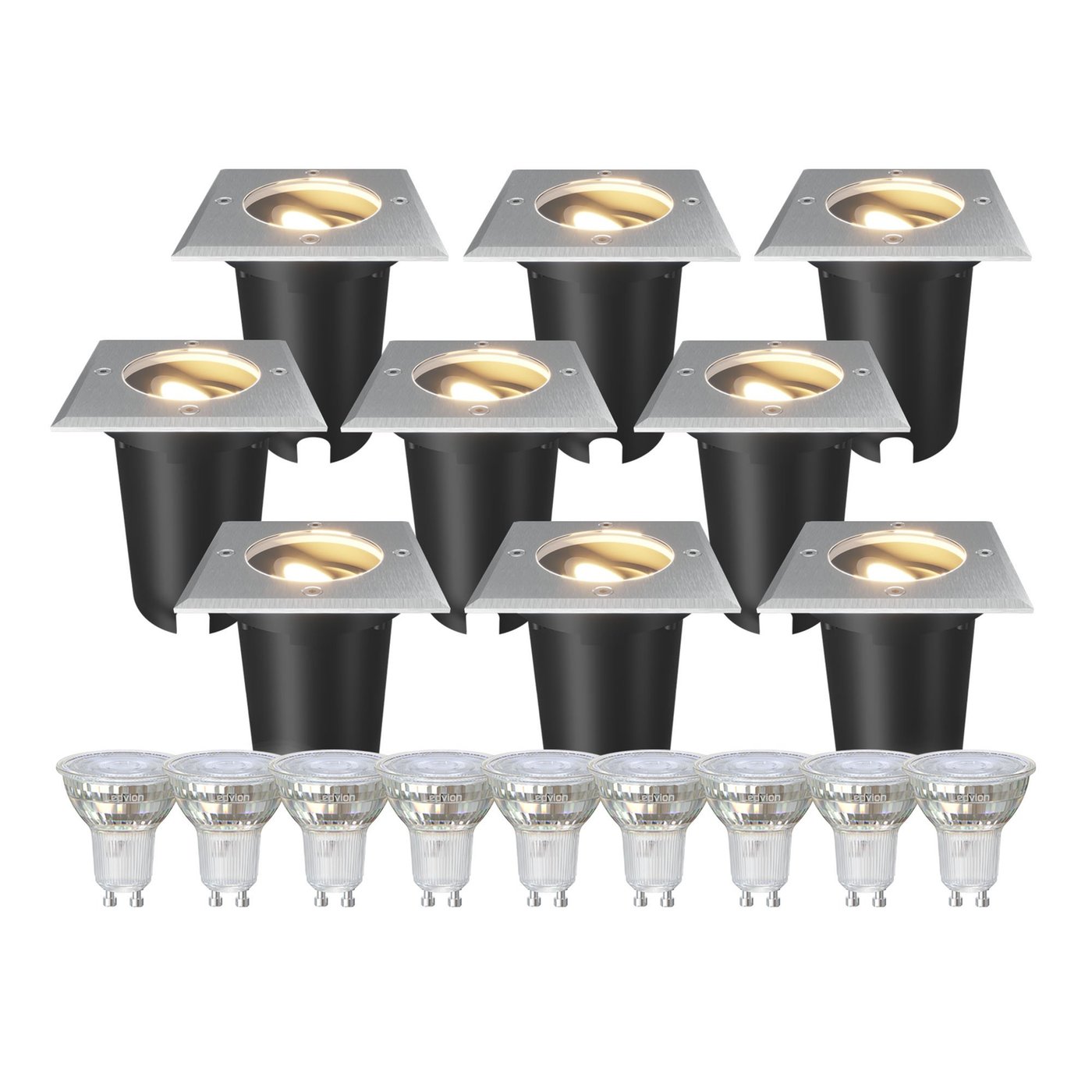 9x LED Bodeneinbaustrahler Quadratisch - IP67 – 3W - 2700K – 1M Kabel - Edelstahl - Schwenkbar
