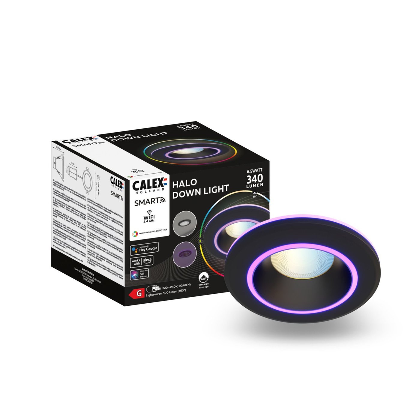 Calex Smart LED Inbouwspot Halo - Zwart - 6.5W - RGB+CCT - Ø94mm