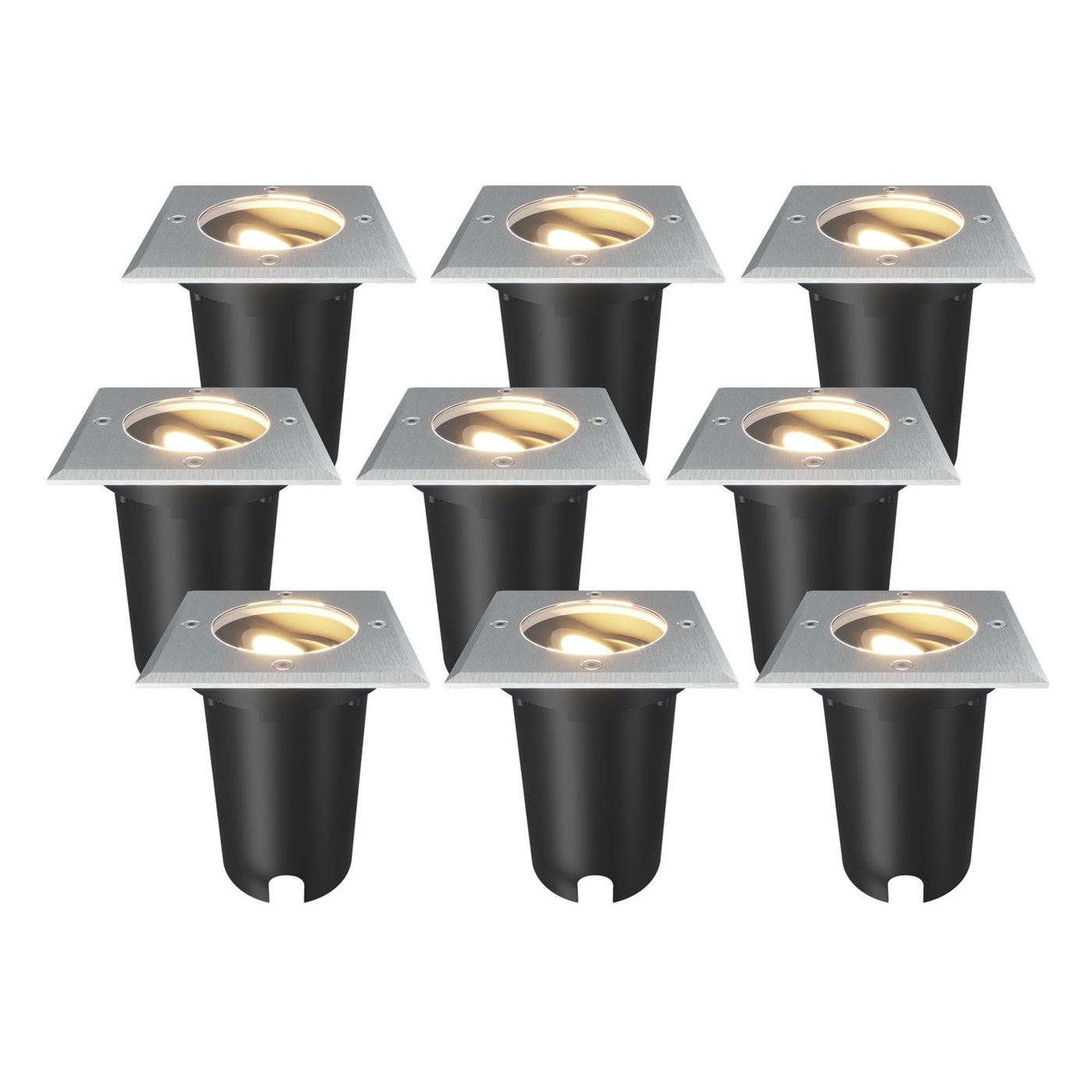 9x LED Bodeneinbaustrahler Quadratisch - IP67 – GU10 – Edelstahl – 1M Kabel - Schwenkbar