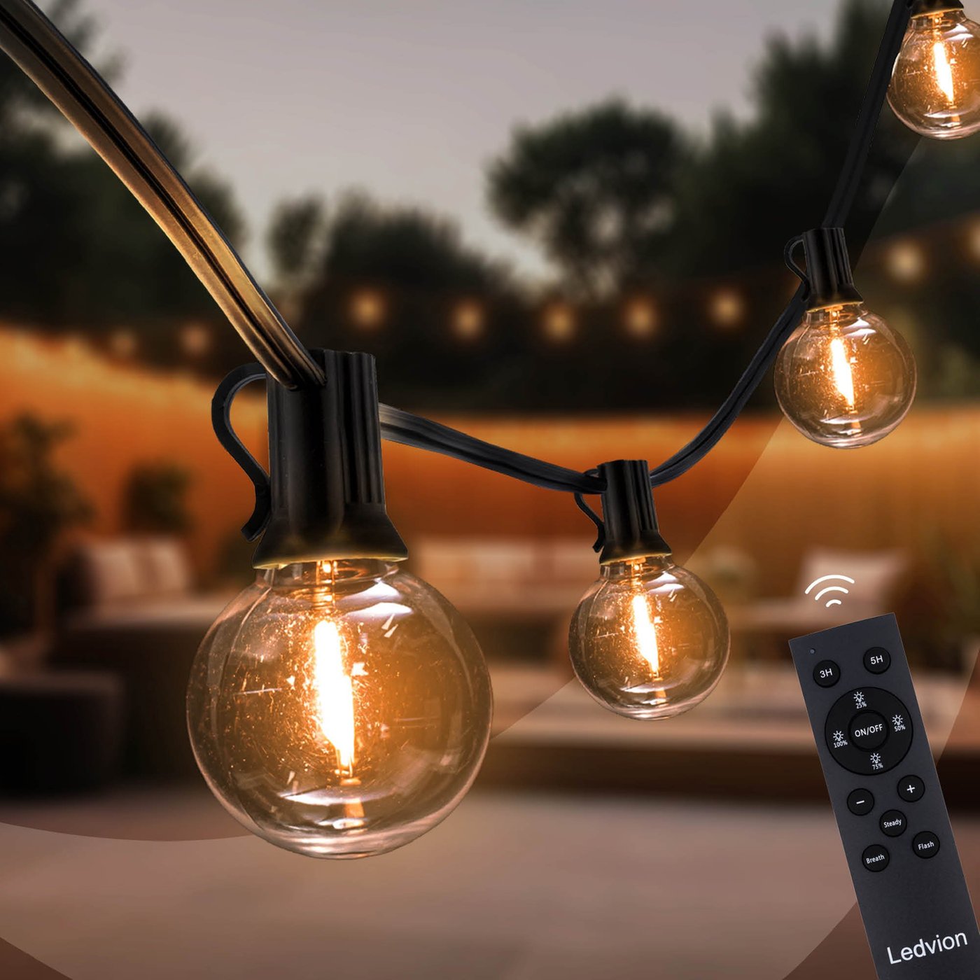 5.5m LED Lichterkette mit Fernbedienung + 3m Anschlusskabel - 2700K - 12V - IP44 - Verknüpfbar - inkl. 10 LEDs - G40 - Plug & Play