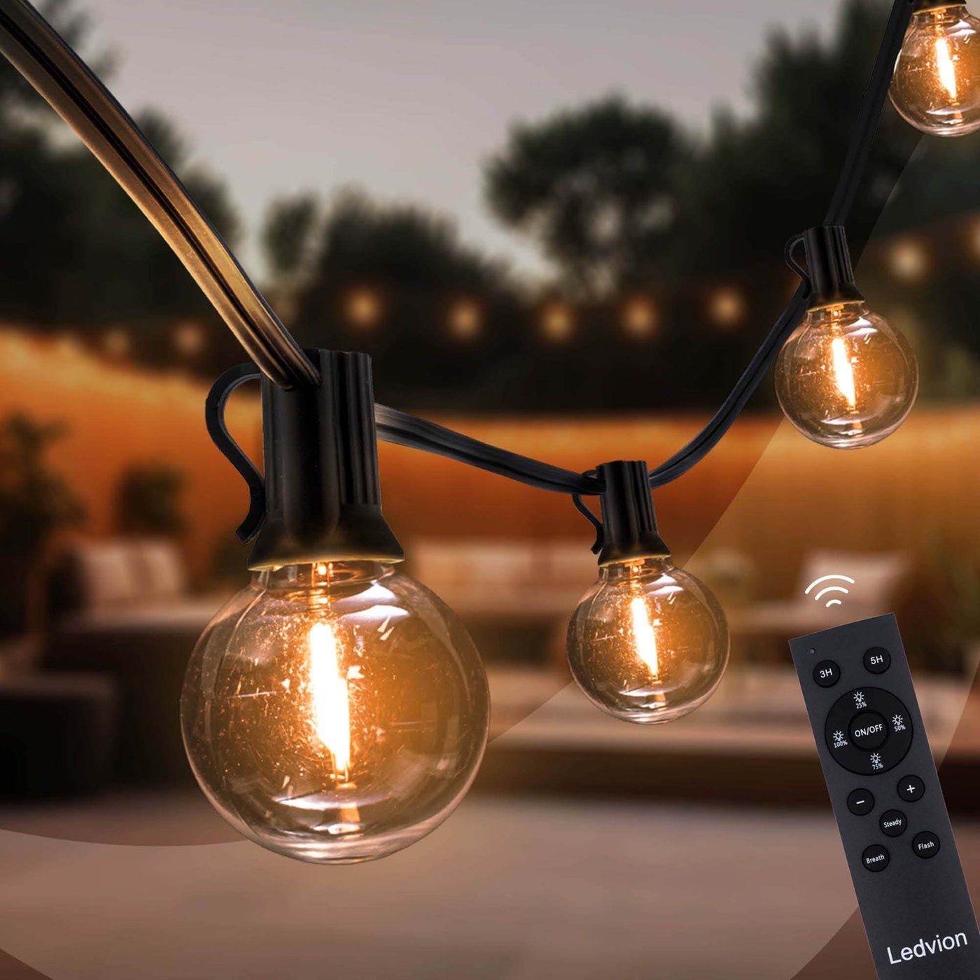 42m Festoon Lights + 3m Connection Cable & remote control - Warm White - 12V - IP54 - Connectable - Incl. 75x LED Bulbs - Plug & Play