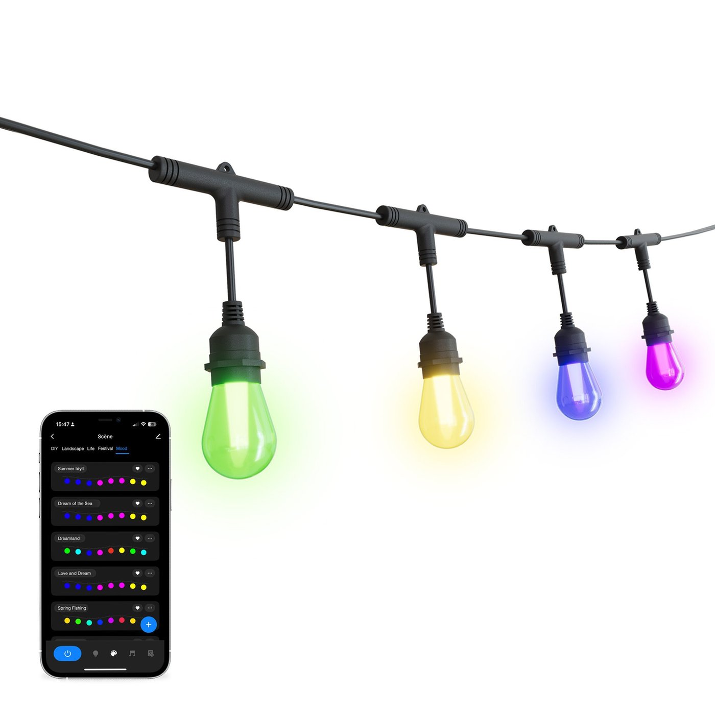 7 m smart LED-ljusslinga med lampsocklar + 3 m anslutningskabel – IP65 – kopplingsbar – inkl. 10 LED-lampor