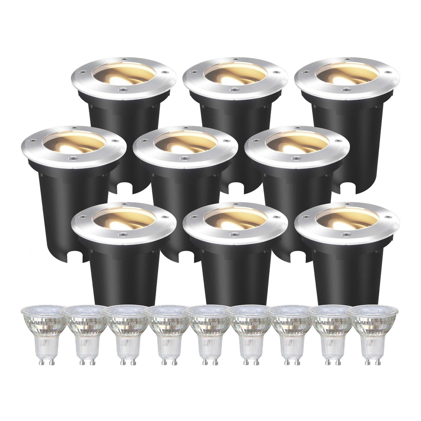 9x LED Bodeneinbaustrahler Rund - IP67 – 3W - 2700K – 1M Kabel - Edelstahl - Schwenkbar