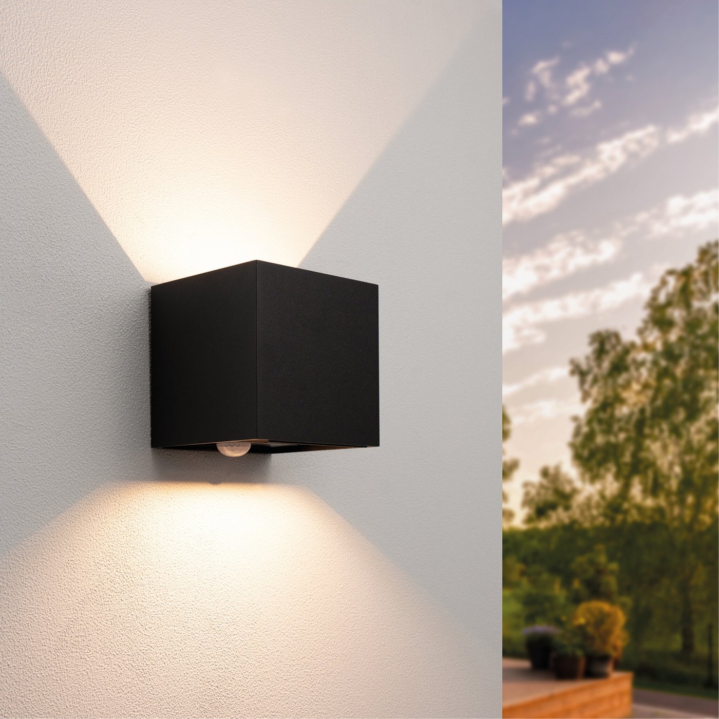 Zewnętrzny Kinkiet LED z czujnikiem ruchu - Czarny - sześcian - dwustronny - 3000K - 2x 3 Watt - IP44