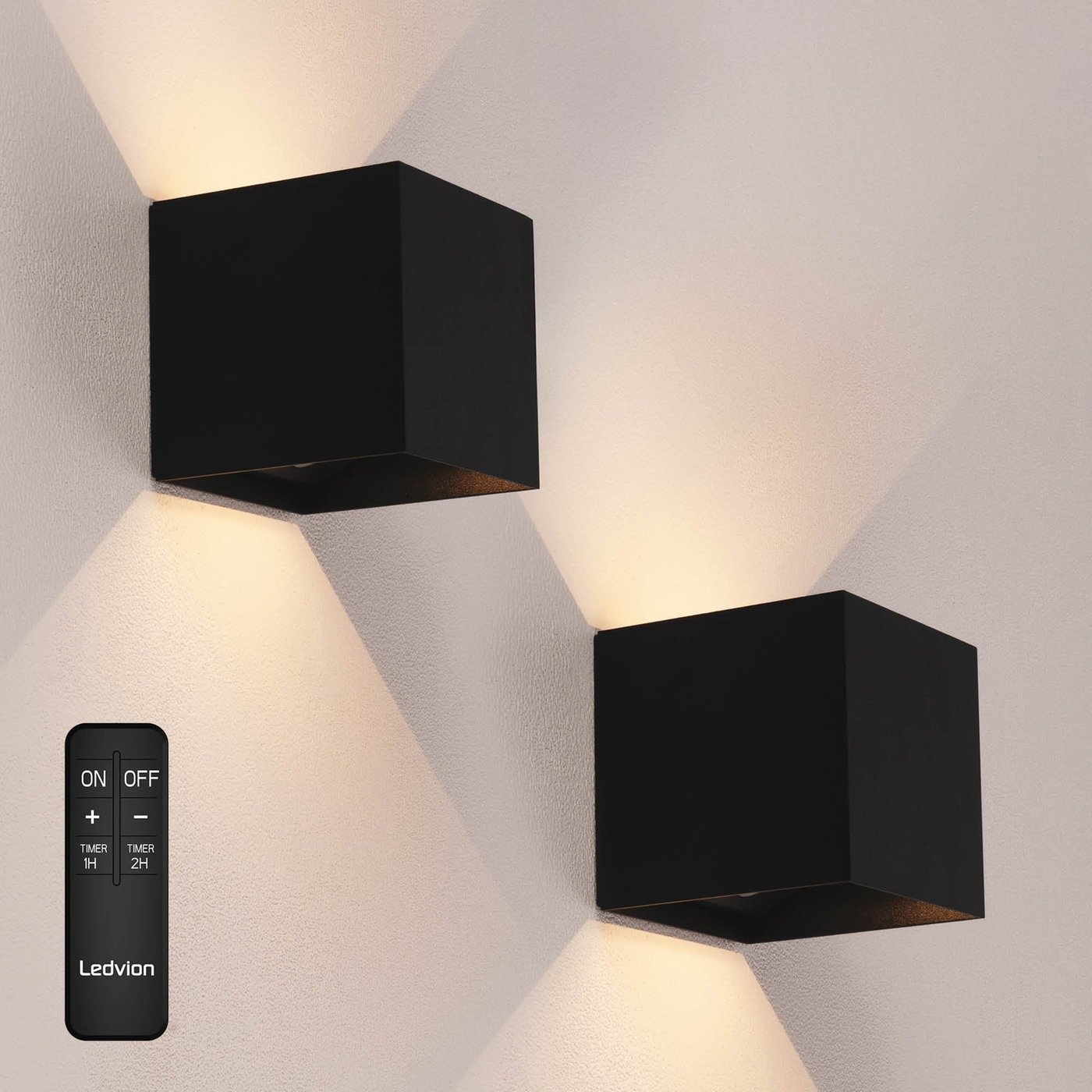 2x LED Wandleuchte USB-C Aufladbar - 2W - 150 Lumen - 2700K - IP44 - Kabellos - 1300 mAh Akku - Aluminium - Schwarz