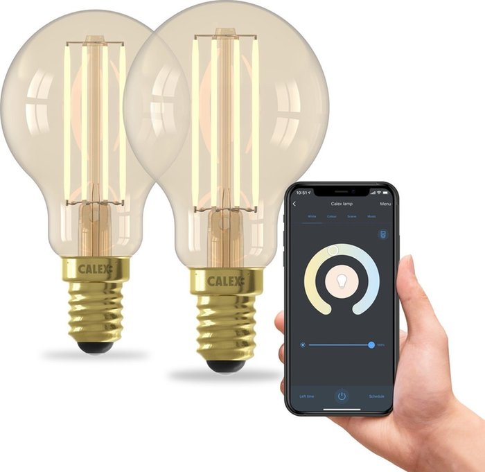 2x Calex Slimme LED Filament Lamp - Goud - Dimbaar - E14 - 7W - 1800K-3000K