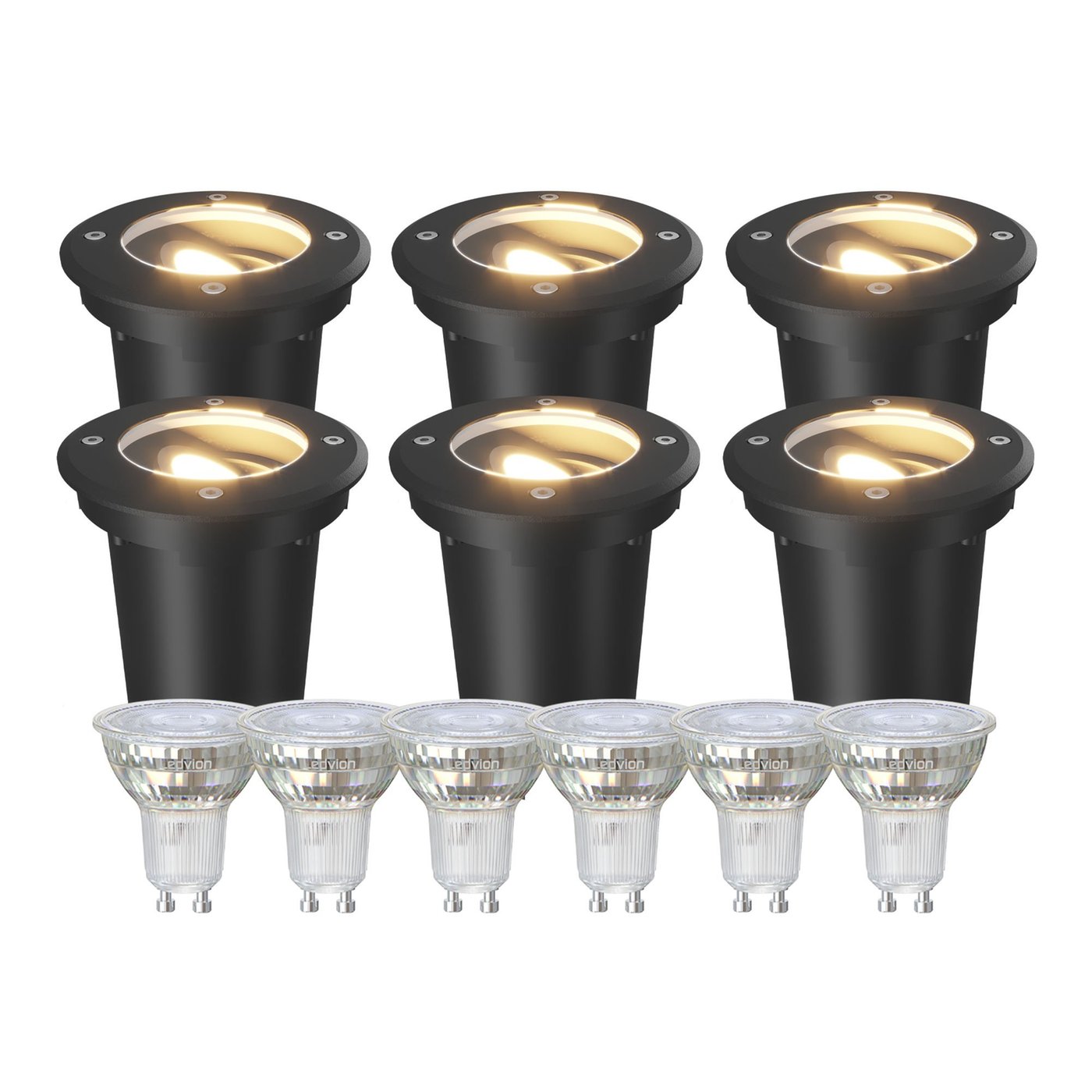 6x LED Bodeneinbaustrahler Rund - IP67 – 3W - 2700K – 1M Kabel - Schwarz - Schwenkbar