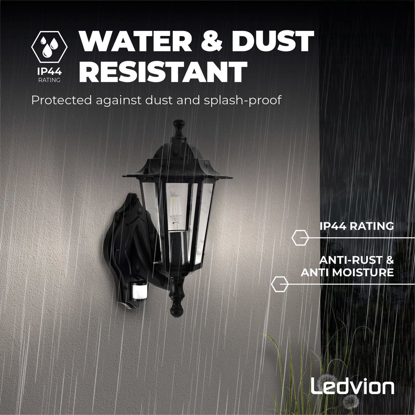 LED Outdoor Wall Light with PIR Sensor - E27 - Waterproof - Black - Lantern - Vintage - Dimmable