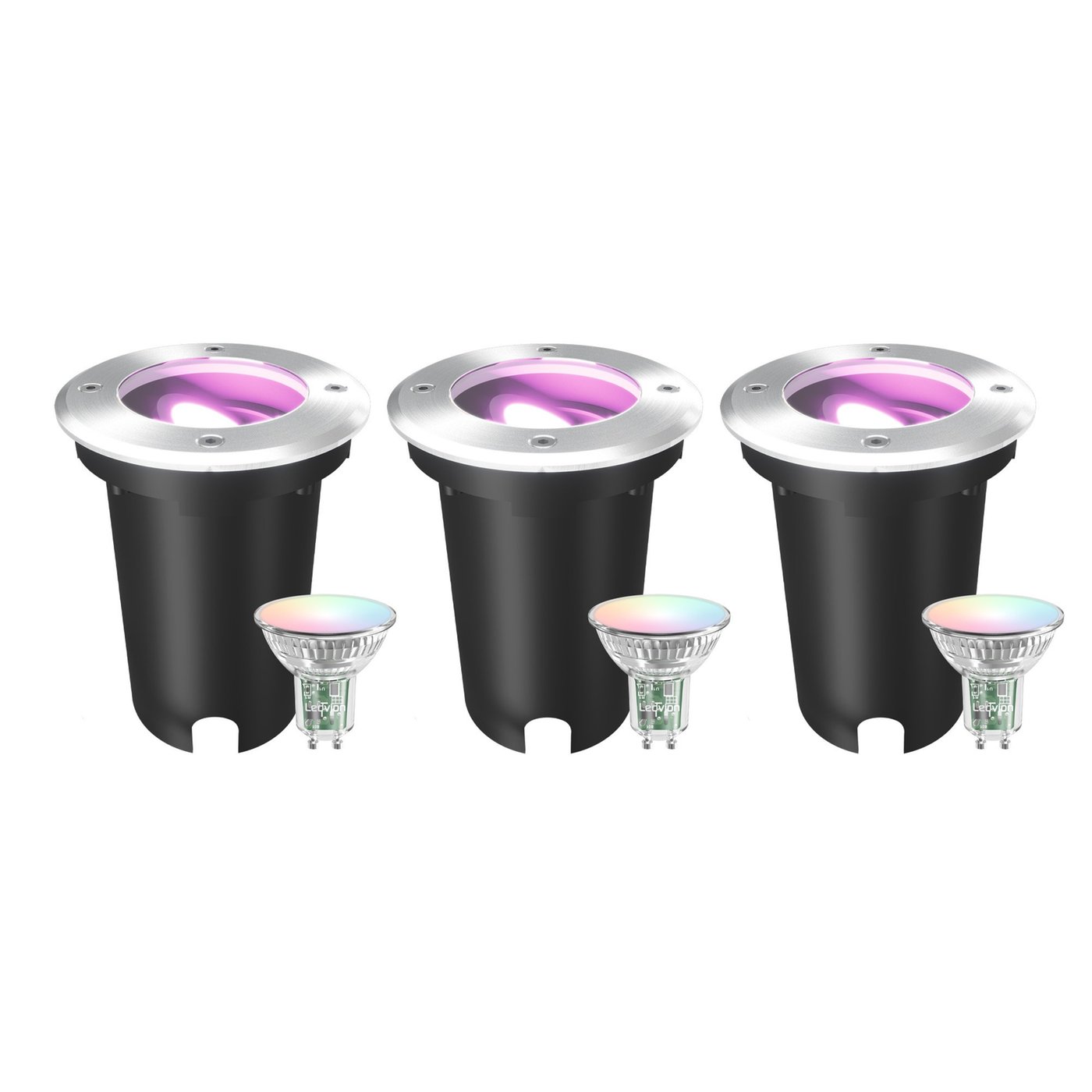 3x Smart LED Outdoor Ground Light Round – IP67 – 4.9W – RGB+CCT – 1M Cable – Stainless Steel – Tiltable
