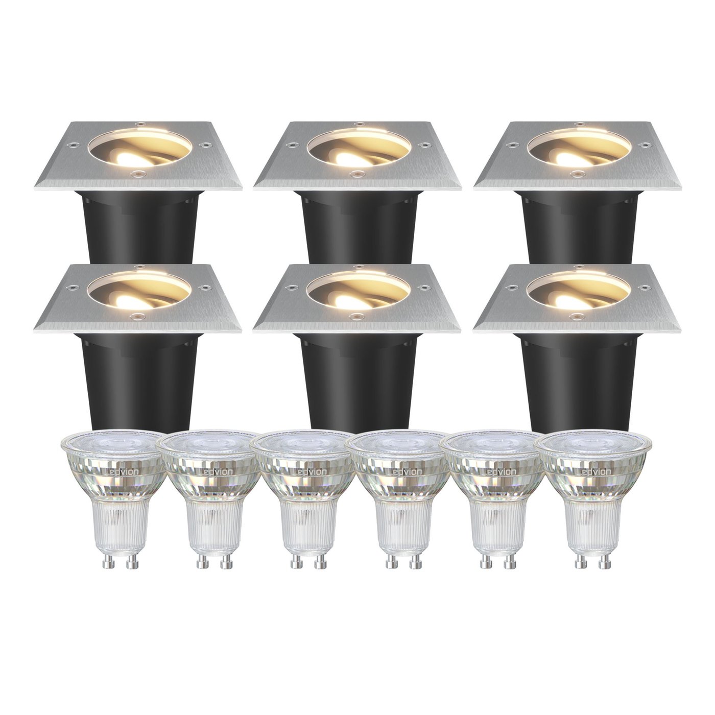 6x LED Bodeneinbaustrahler Quadratisch - IP67 – 3W - 2700K – 1M Kabel - Edelstahl - Schwenkbar