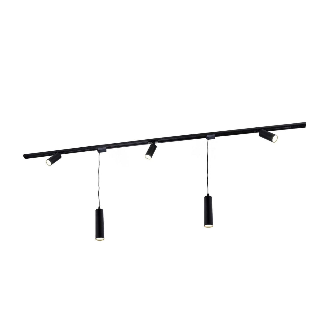 2m LED Railverlichting - 3 Railspots en 2 Hanglampen - 3W - 2700K - Dimbaar - 1-Fase Railsysteem - Zwart