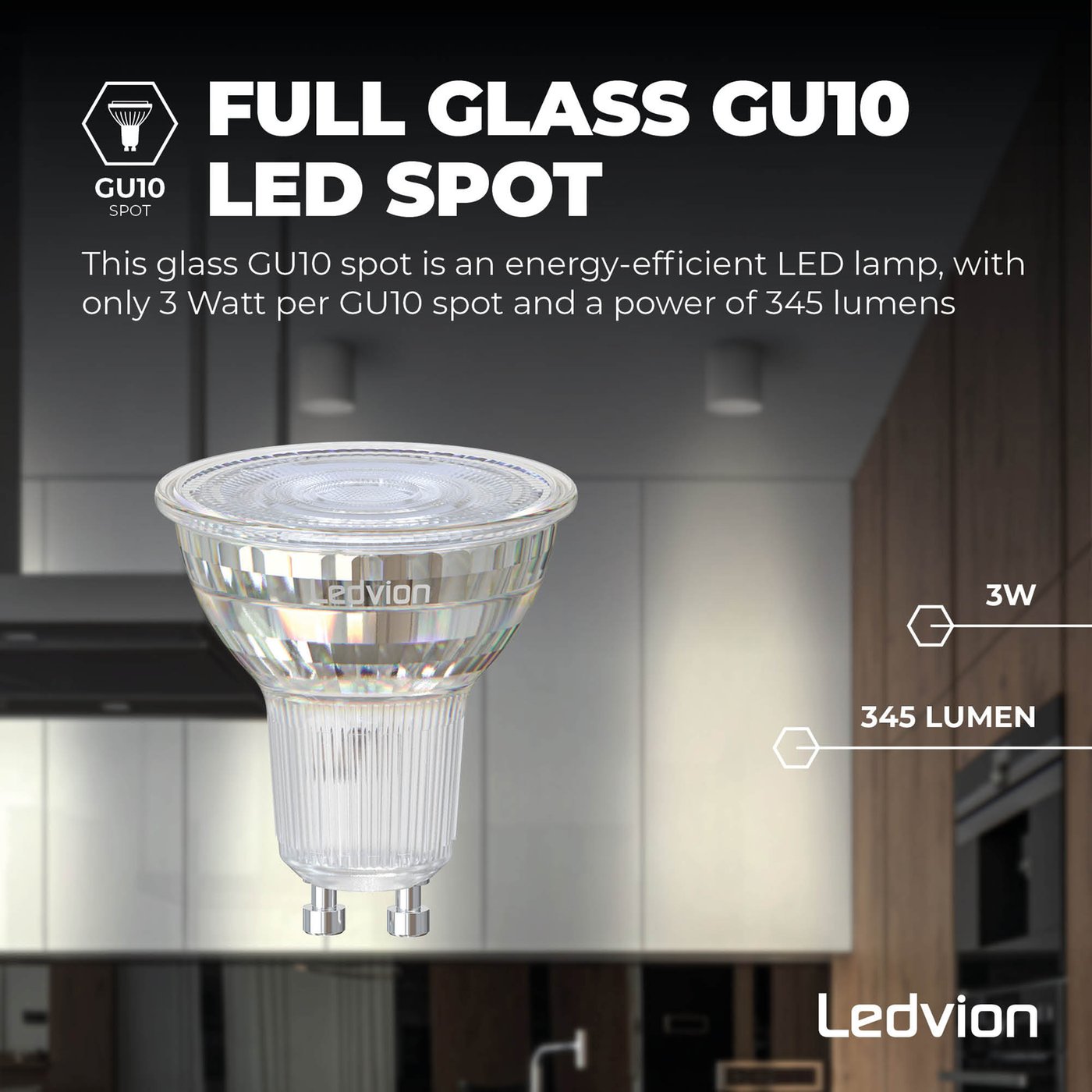 Ampoule LED GU10 - 3W - 2700K - 345 Lumen - Verre