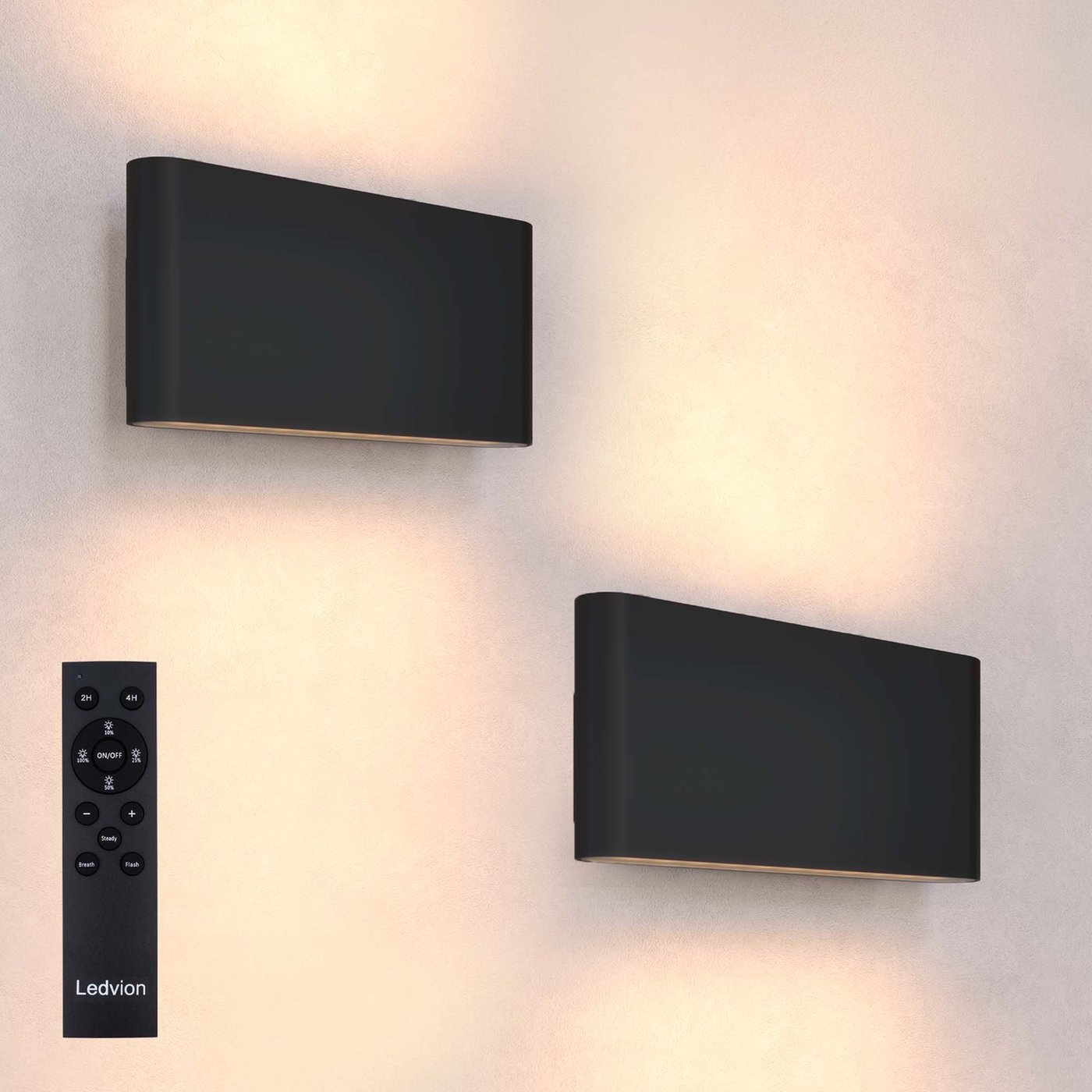 2x LED Wandleuchte USB Aufladbar mit Fernbedienung - Schwarz – Kabellos – Dimmbar - 2700K  - 4400-mAh-Akku - Für den Innen- und Außenbereich geeignet - Oval