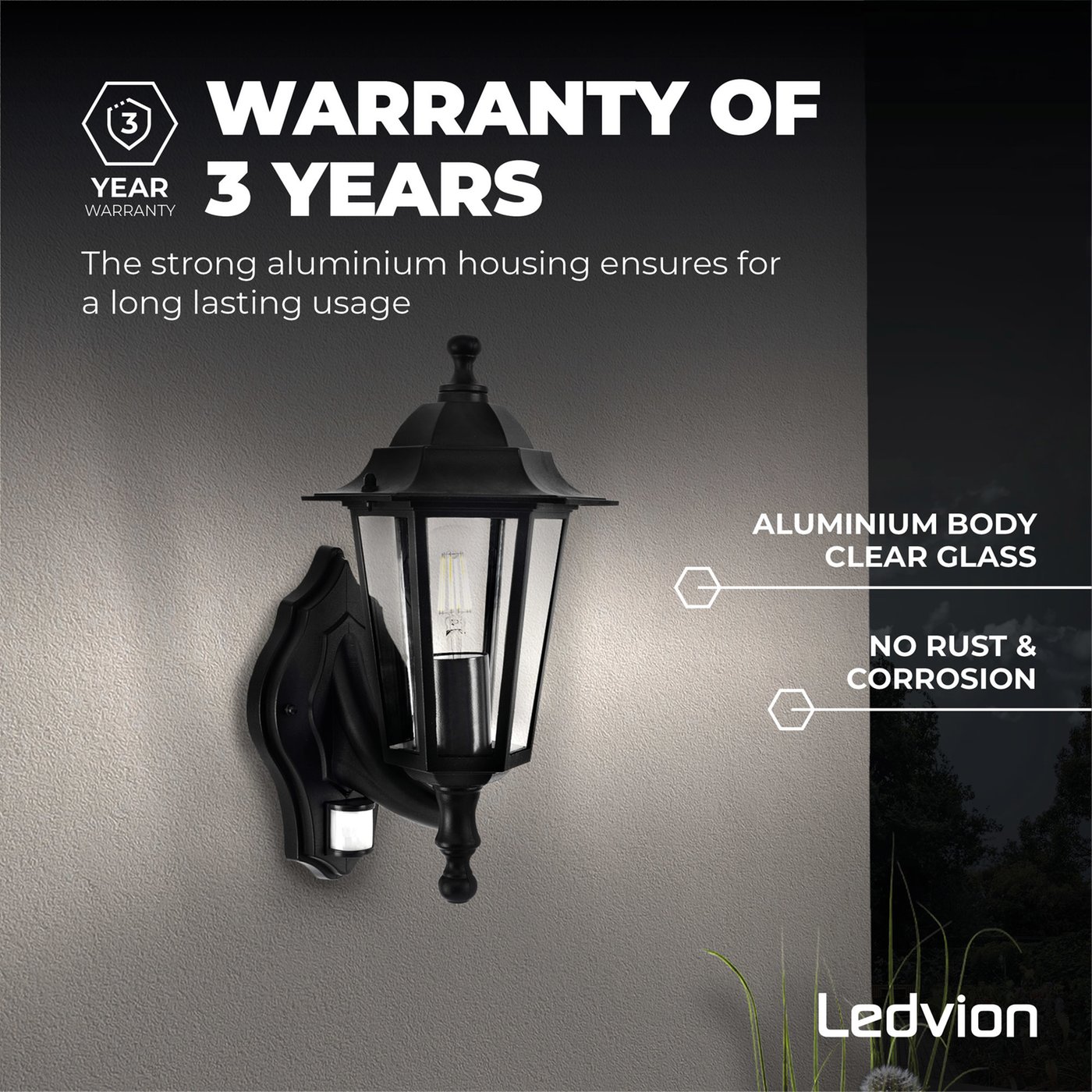 LED Outdoor Wall Light with PIR Sensor - E27 - Waterproof - Black - Lantern - Vintage - Dimmable