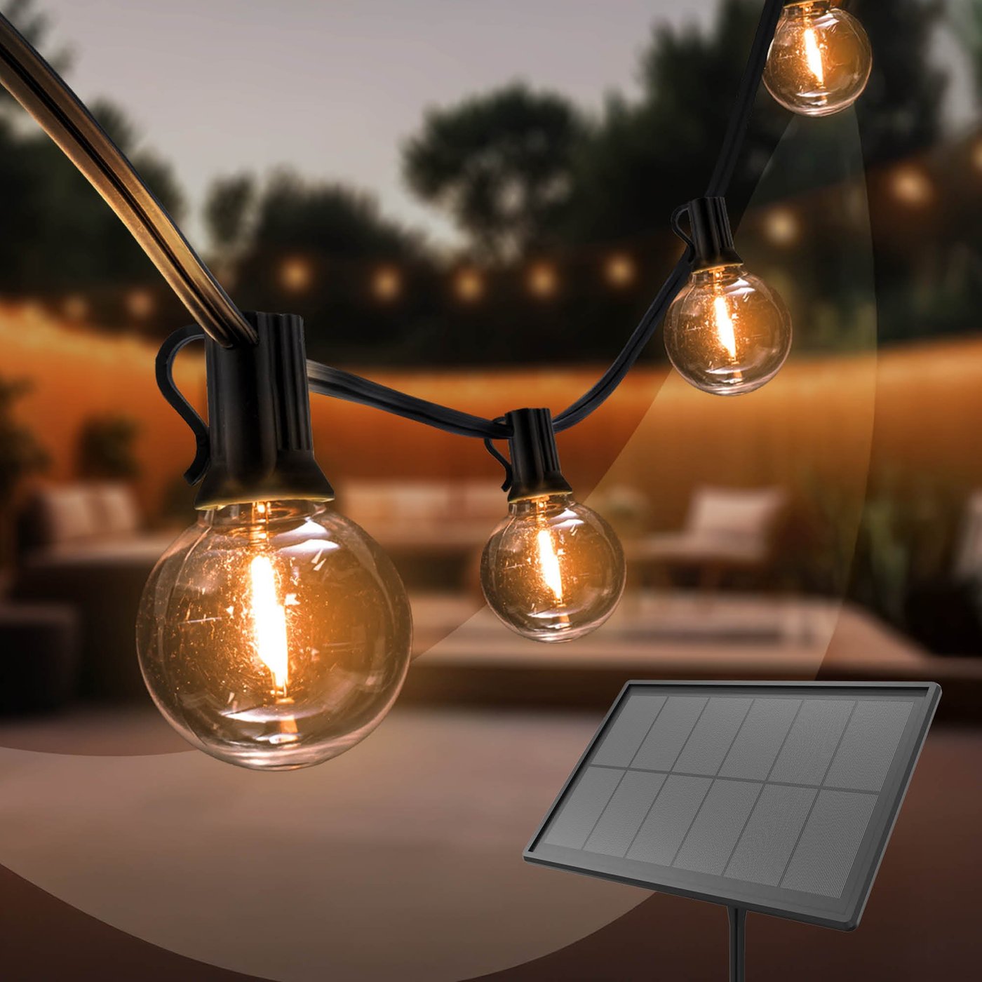 27m Solar Festoon Lights + 3m Connection Cable - Warm White - 12V - IP44 - Connectable - Incl. 50x LED Bulbs - Plug & Play