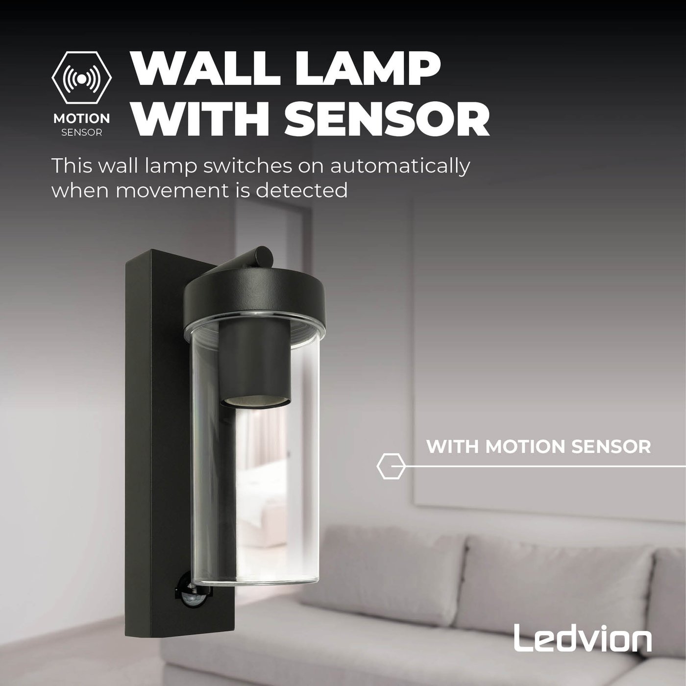 Ledvion LED Wandlamp Incl. Sensor, E27 Fitting, IP44, Zwart, Buitenlamp