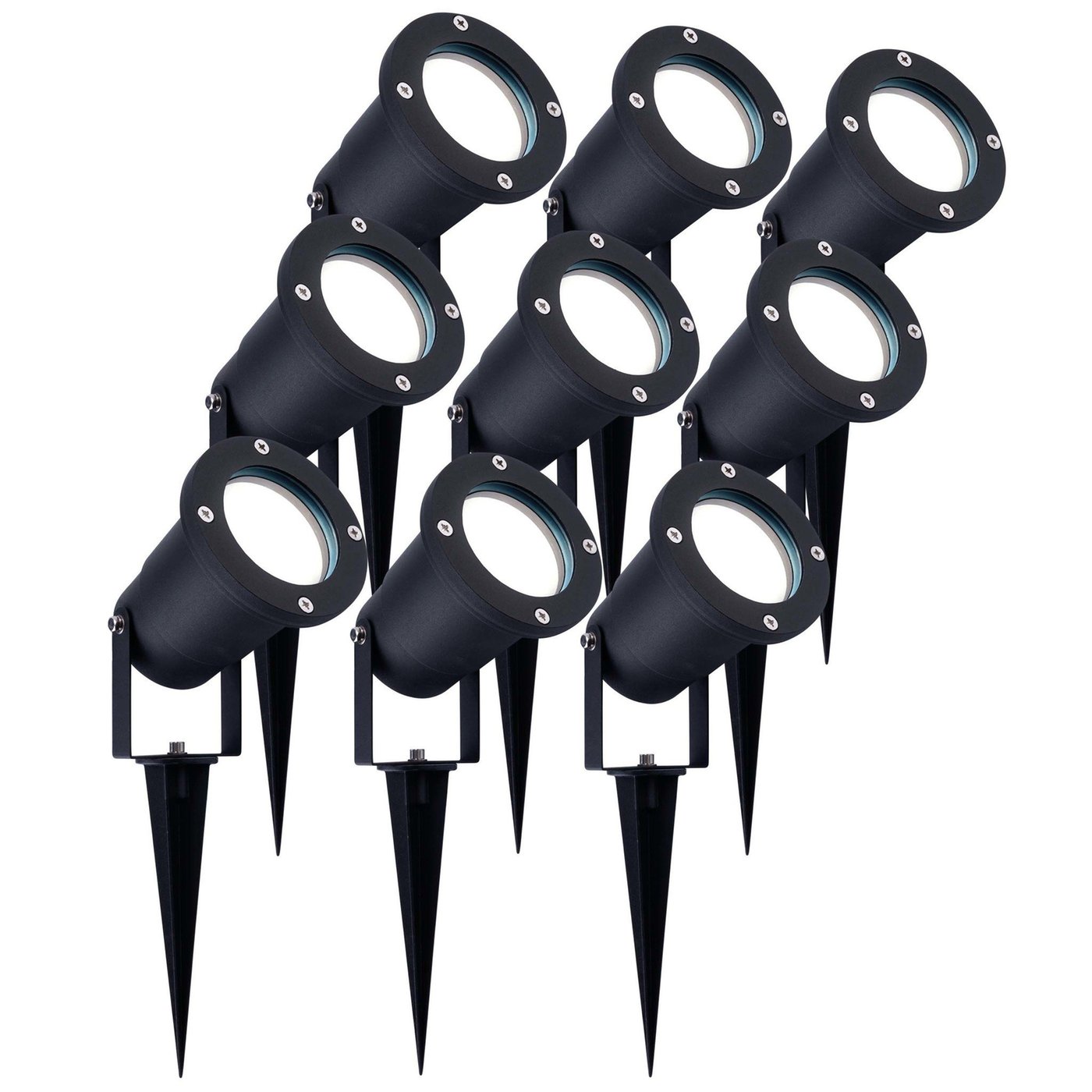 9x LED Garden Spike Light GU10 - 3W - 6500K - IP65 Rated for Outdoor/Exterior Use - Black - 1 Metre Cable - 220-240V Mains Powered