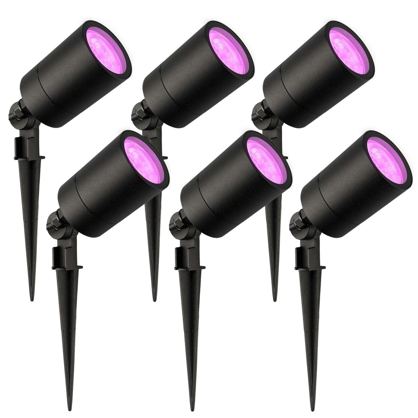 6x Smart LED Garden Spike Lights GU10 - 4.9W - RGB+CCT - IP65 Rated for Outdoor/Exterior Use - Black - 1 Metre Cable - 220-240V Mains Powered