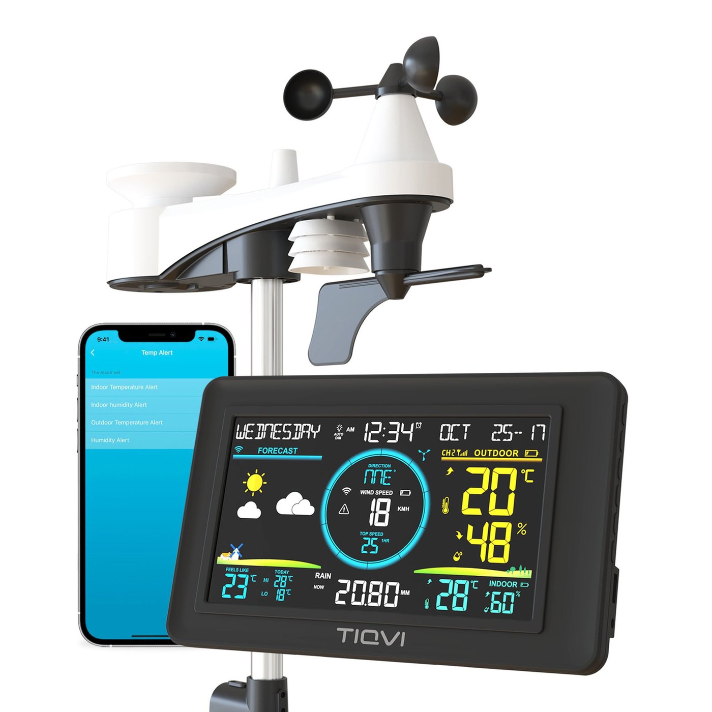 Station Météo WiFi Professionnelle 6-en-1 – avec Anémomètre et Pluviomètre – Capteur Extérieur Sans Fil – Écran Couleur 7,3'' – Intérieur et Extérieur