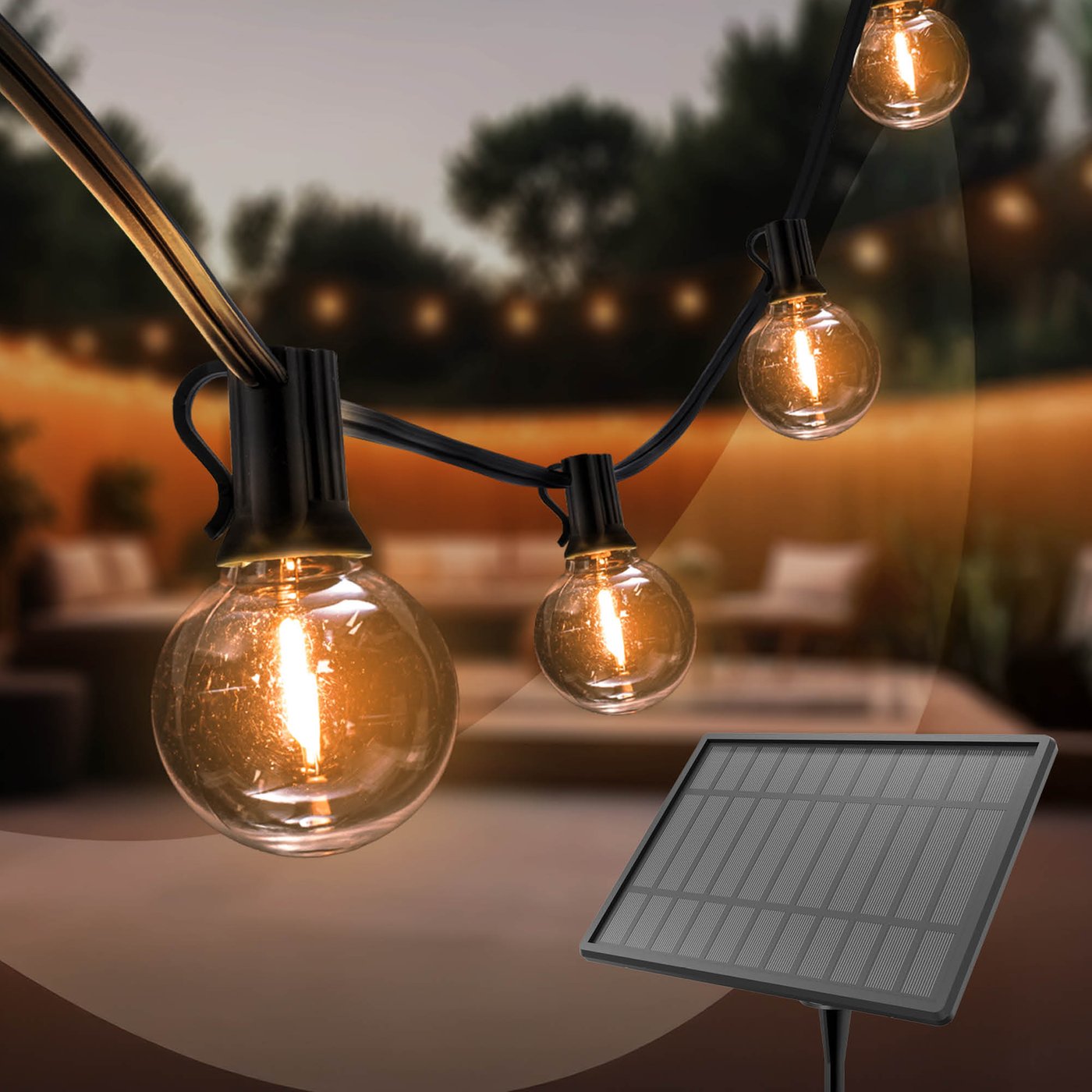 27m Catena Luminosa Solare da Esterno - G40 - 2700K - 12V - IP44 - con Lampadine LED - Pronto all'uso