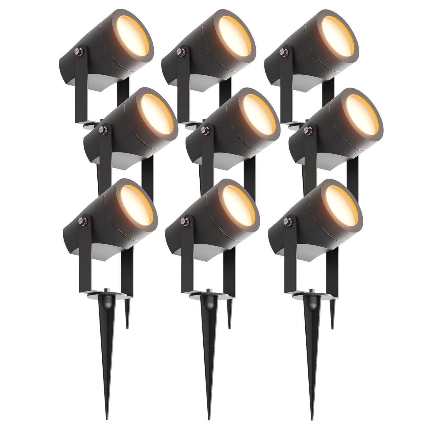 9x Zewnętrzny Reflektor Ogrodowy LED - Czarny - IP44 - 1W - 3000K - Kabel zasilający 1 metr