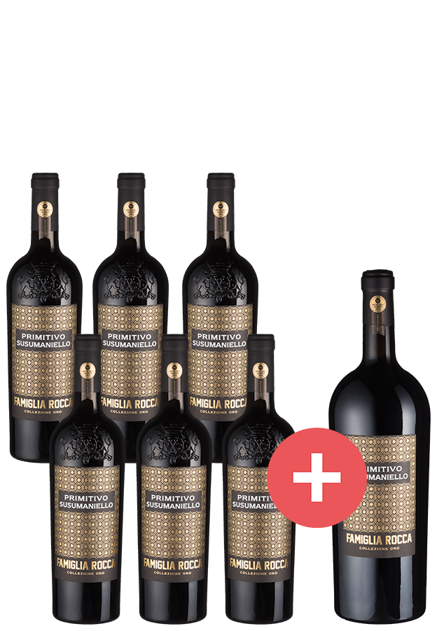 6er-Paket Famiglia Rocca Primitivo Susumaniello Collezione Oro + GRATIS Magnum - Angelo Rocca - Weinpakete aus Italien