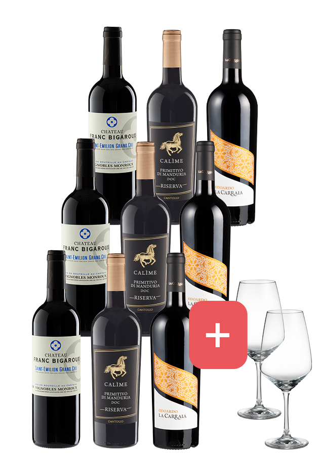 9er-Paket Rotweine für besondere Abende + 2er Set Schott-Zwiesel Gläser - Weinpakete