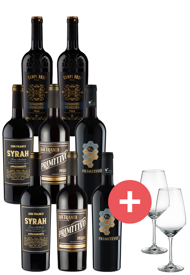 Weinfreunde Wein-Angebote - 8er-Paket italienische Rotwein-Highlights + GRATIS Gläser - Weinpakete