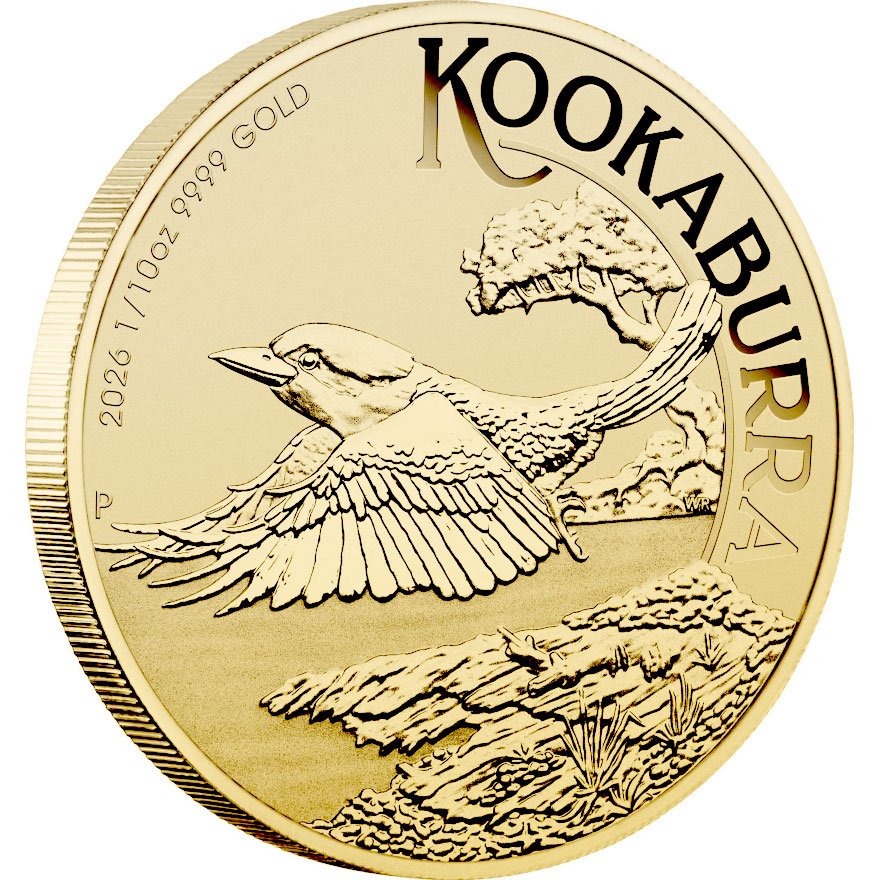 Side view of Gold Kookaburra 1/10 oz - 2026