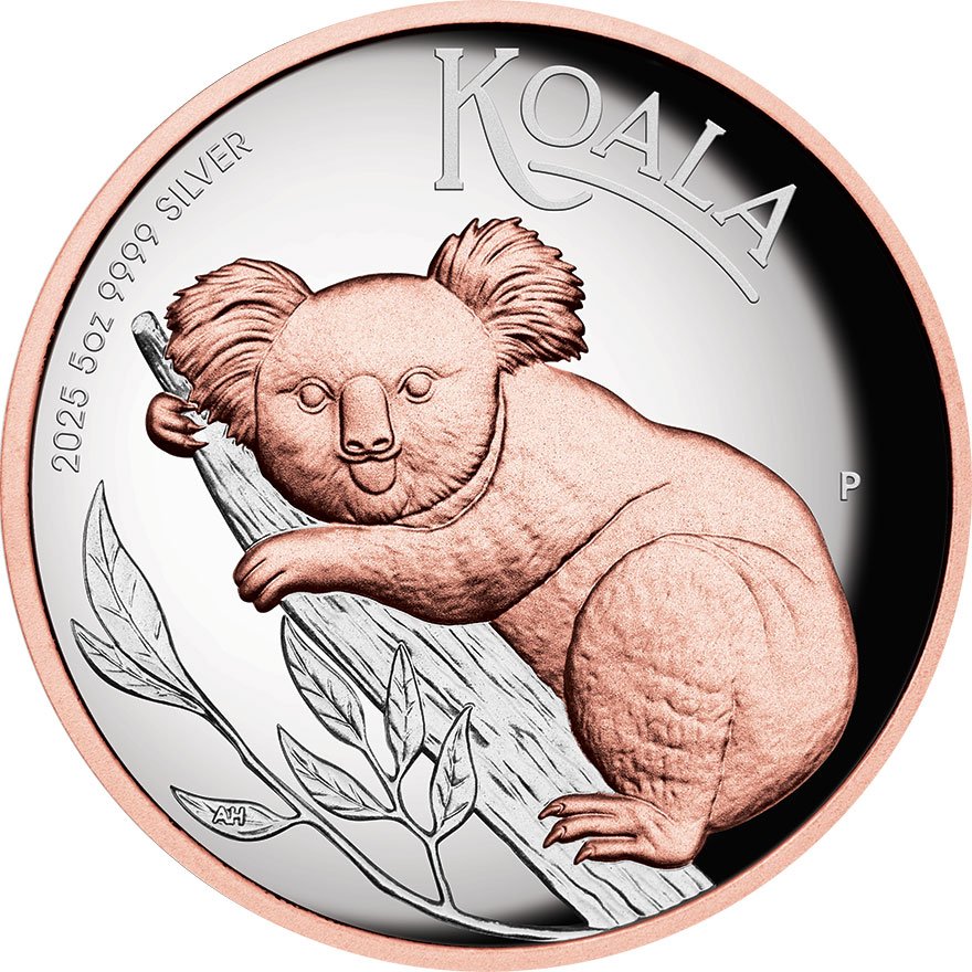 Front of the Silver Koala 5 oz PF - Rose Gold Partly Gilded 2025