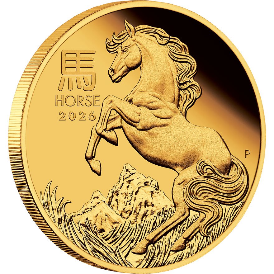 Side view of the Gold Lunar III Horse 1 oz PF - 2026