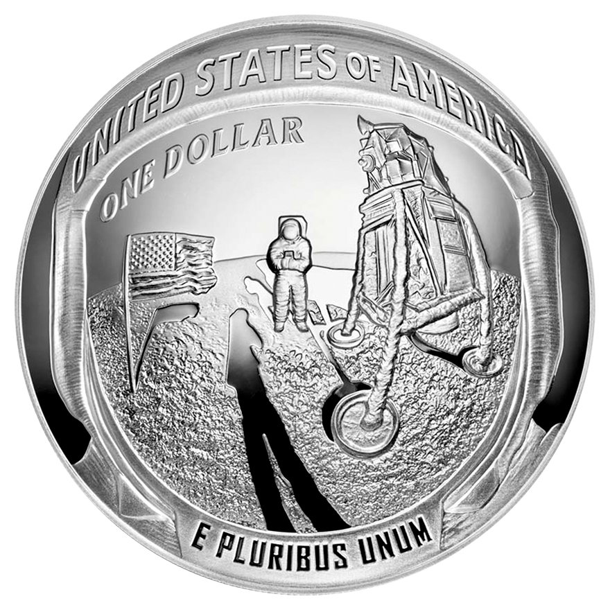 Front of the  Silver Apollo 11 - 50 Years of the Moon Landing 5 oz PF - domed coin