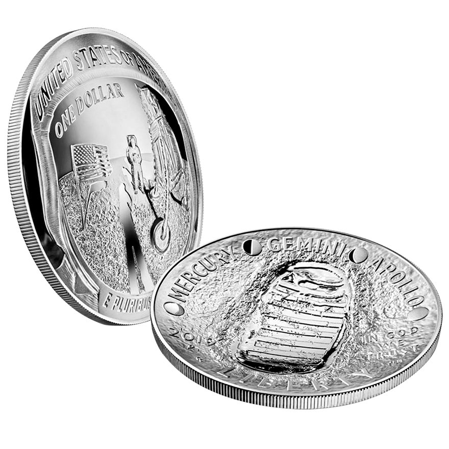 Side view of the  Silver Apollo 11 - 50 Years of the Moon Landing 5 oz PF - domed coin