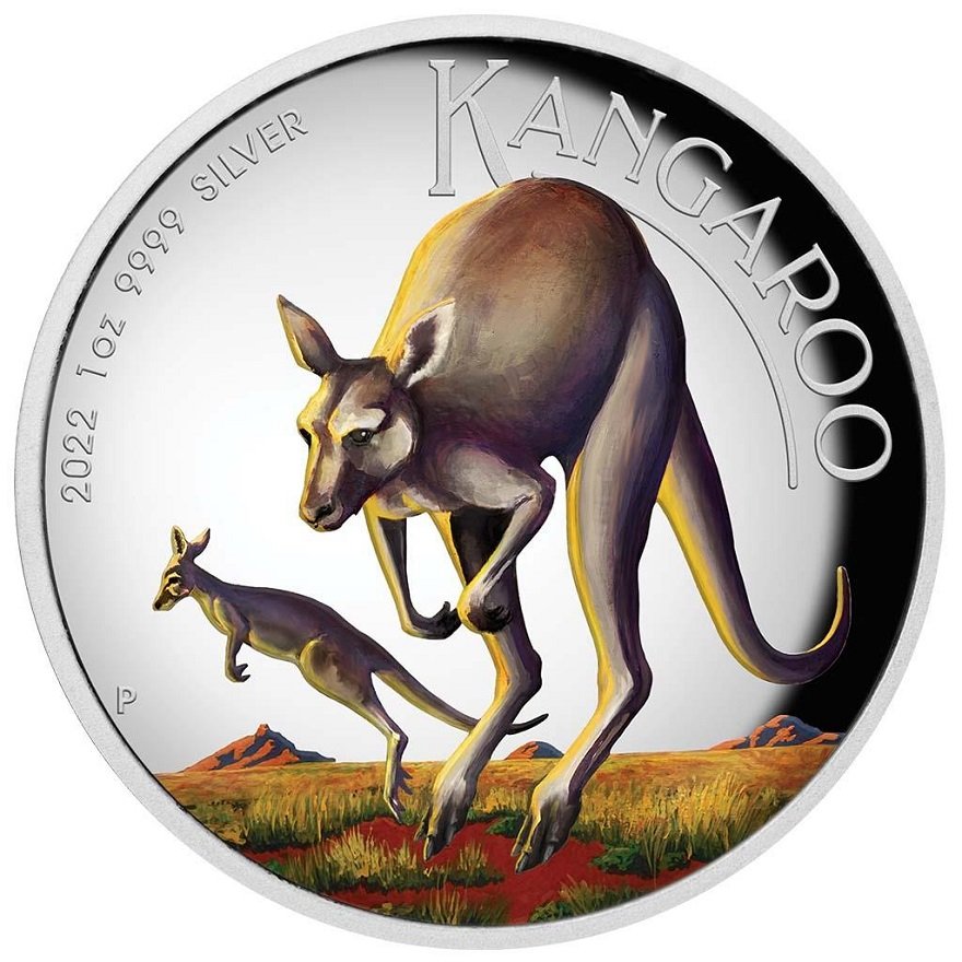 Front of the Silver Kangaroo 1 oz PF colored - High Relief - 2022