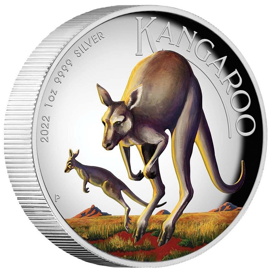Side view of the Silver Kangaroo 1 oz PF colored - High Relief - 2022
