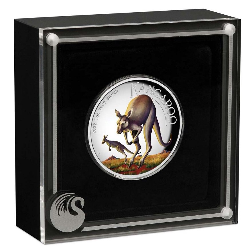 Silver Kangaroo 1 oz PF colored - High Relief - 2022 in the original coin case