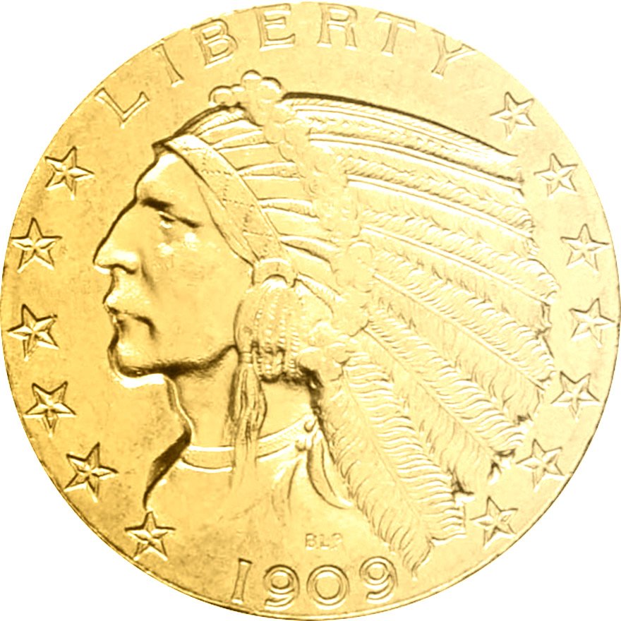 Front of the Gold Indian Head 5 Dollars 