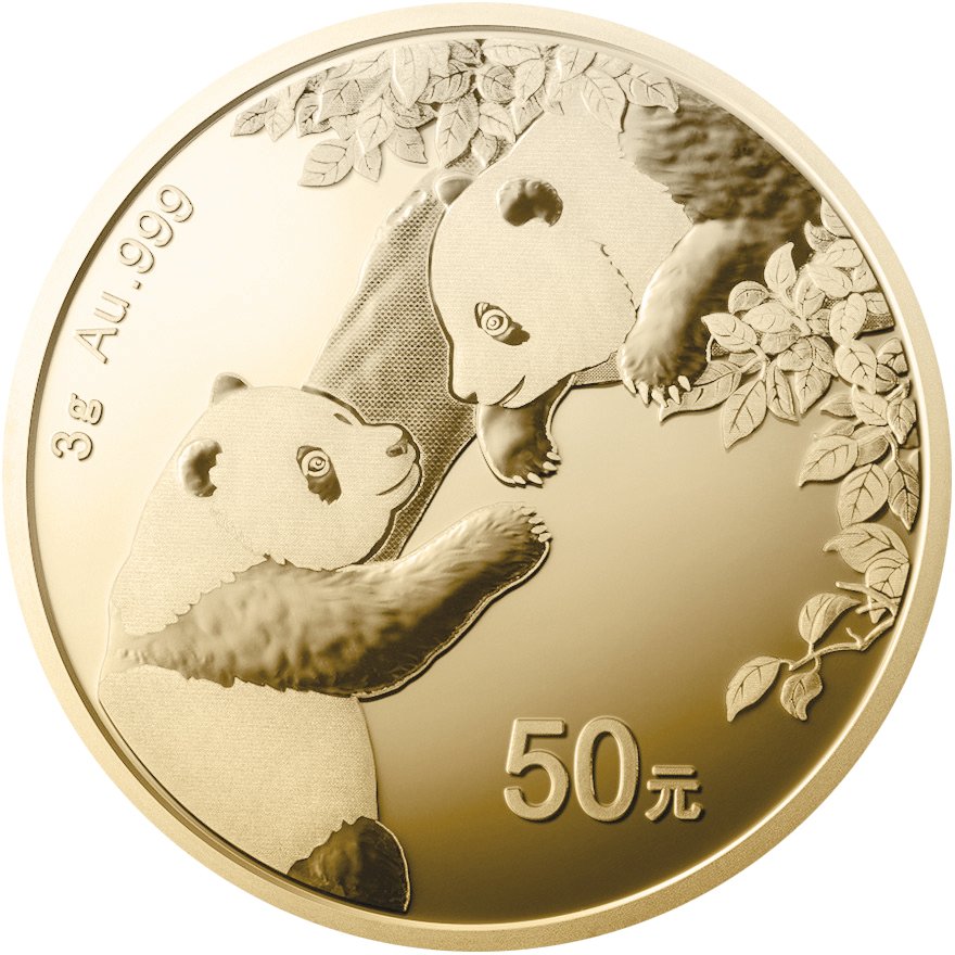 Front of the Gold China Panda 3 g - 2023