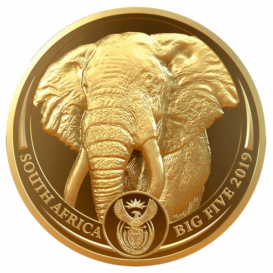Front of the Gold Elephant 1 oz PF - Big Five Series I - 2019