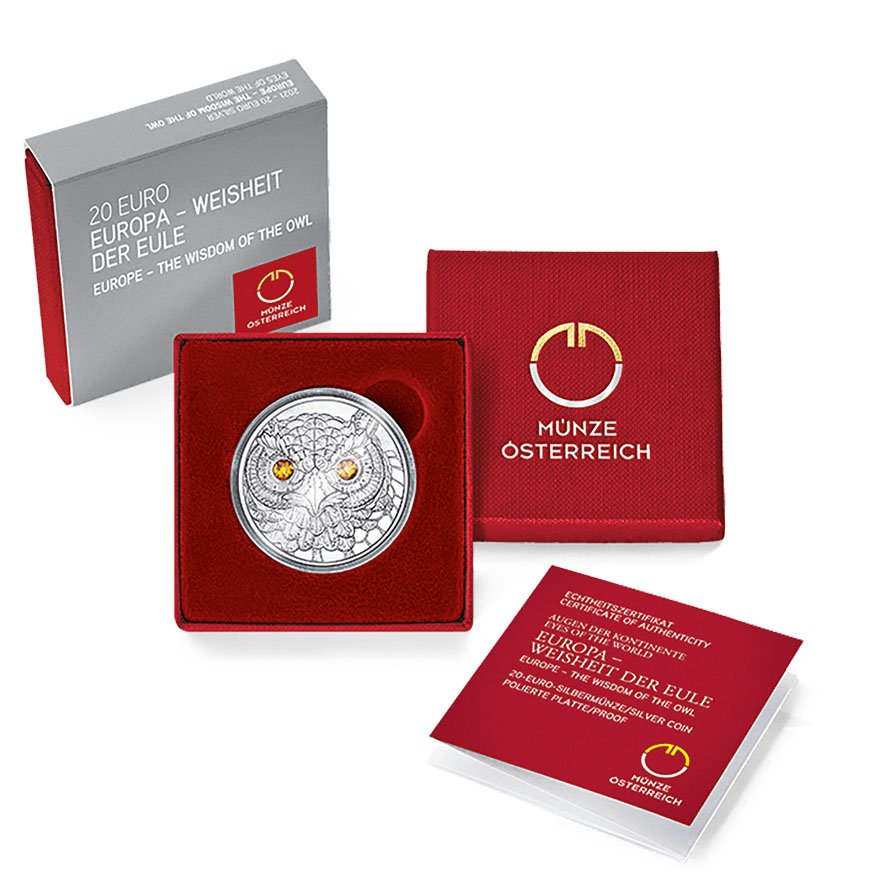 Silver Europa - Wisdom of the Owl 20 EUR PF AUT - 2021 in the original coin case