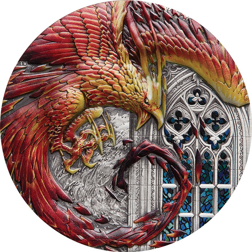 Front of the Silver Rising Phoenix - 5 oz - Antique Finish - in Color - 2022