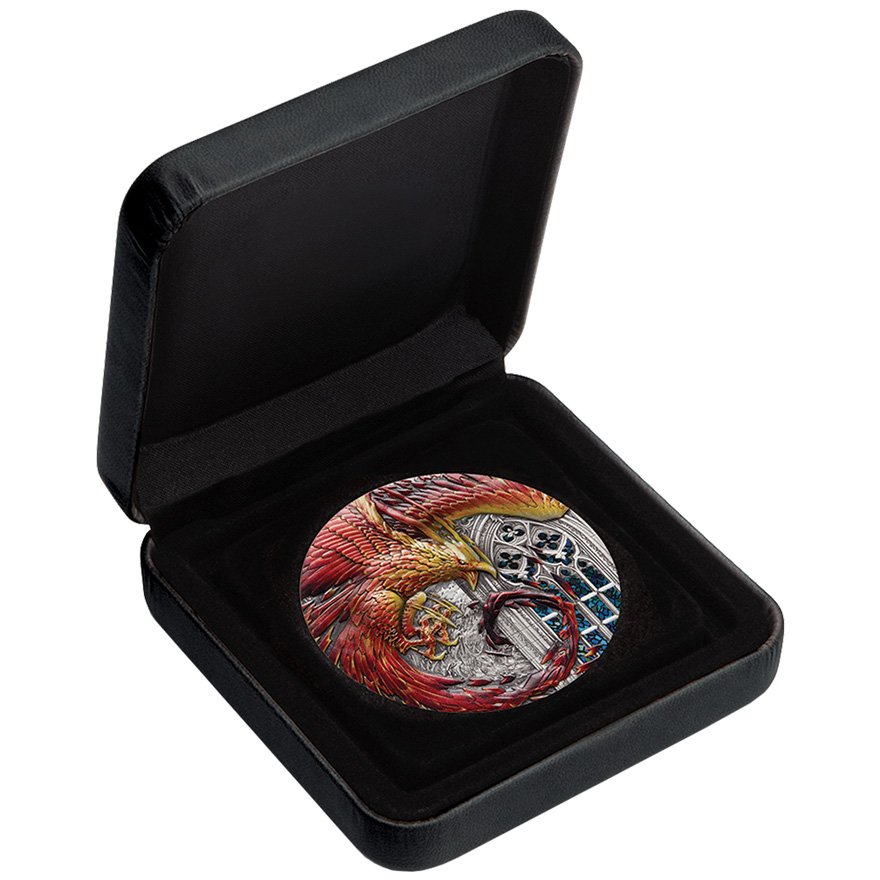 Silver Rising Phoenix - 5 oz - Antique Finish - in Color - 2022 in the original coin case