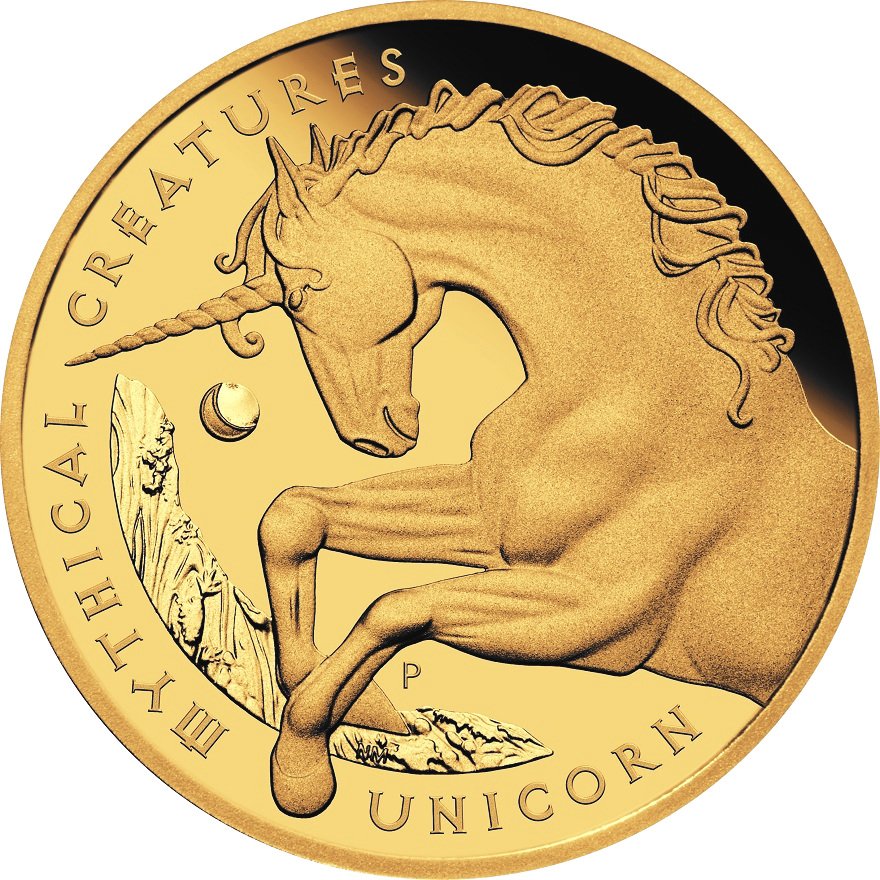 Front of the Gold Mythical Creatures 1 oz PF - Unicorn 2021
