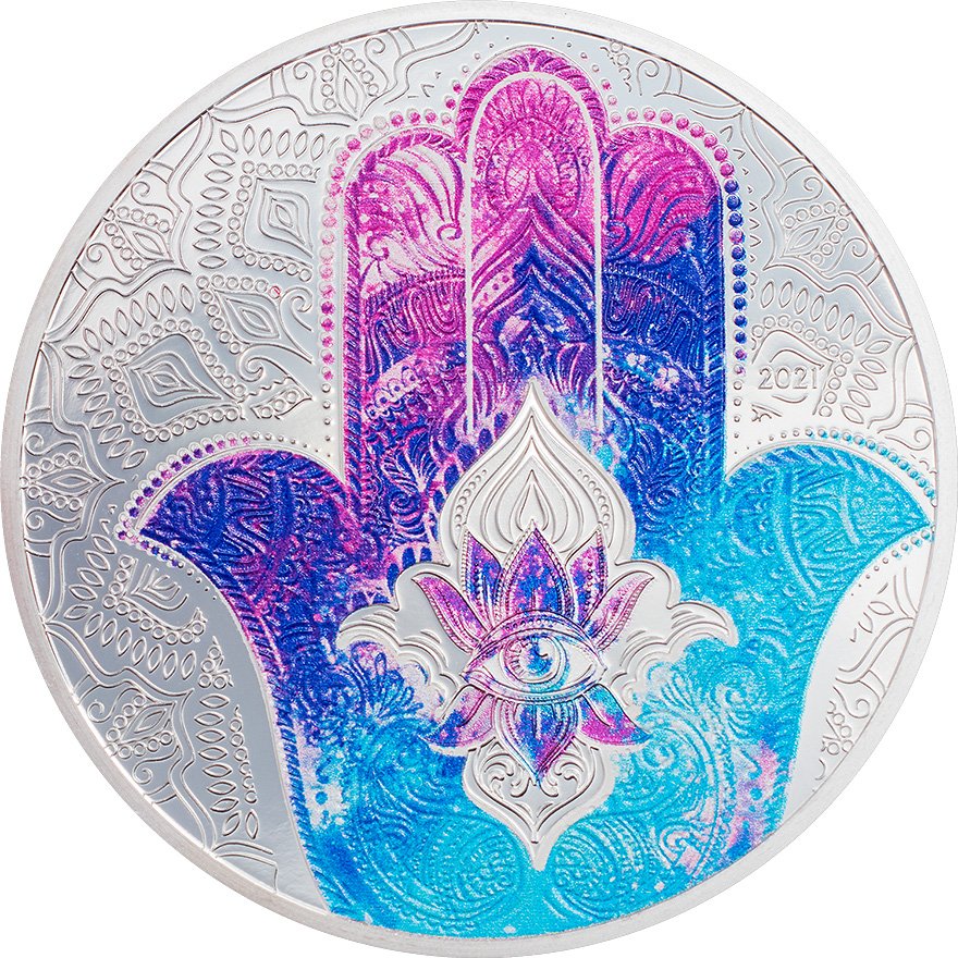 Front of the Silver Hand of Hamsa 1 oz PF - colored