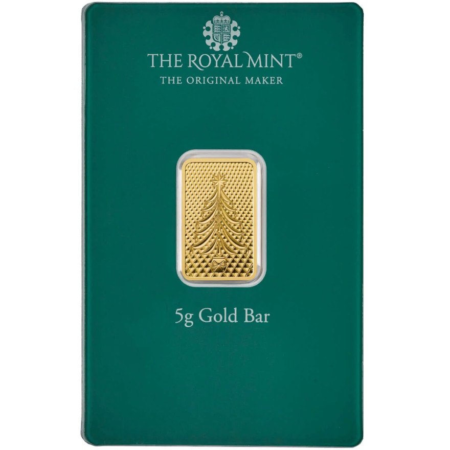 Front of the Gold bar 5 g Christmas Tree - The Royal Mint in the blister card